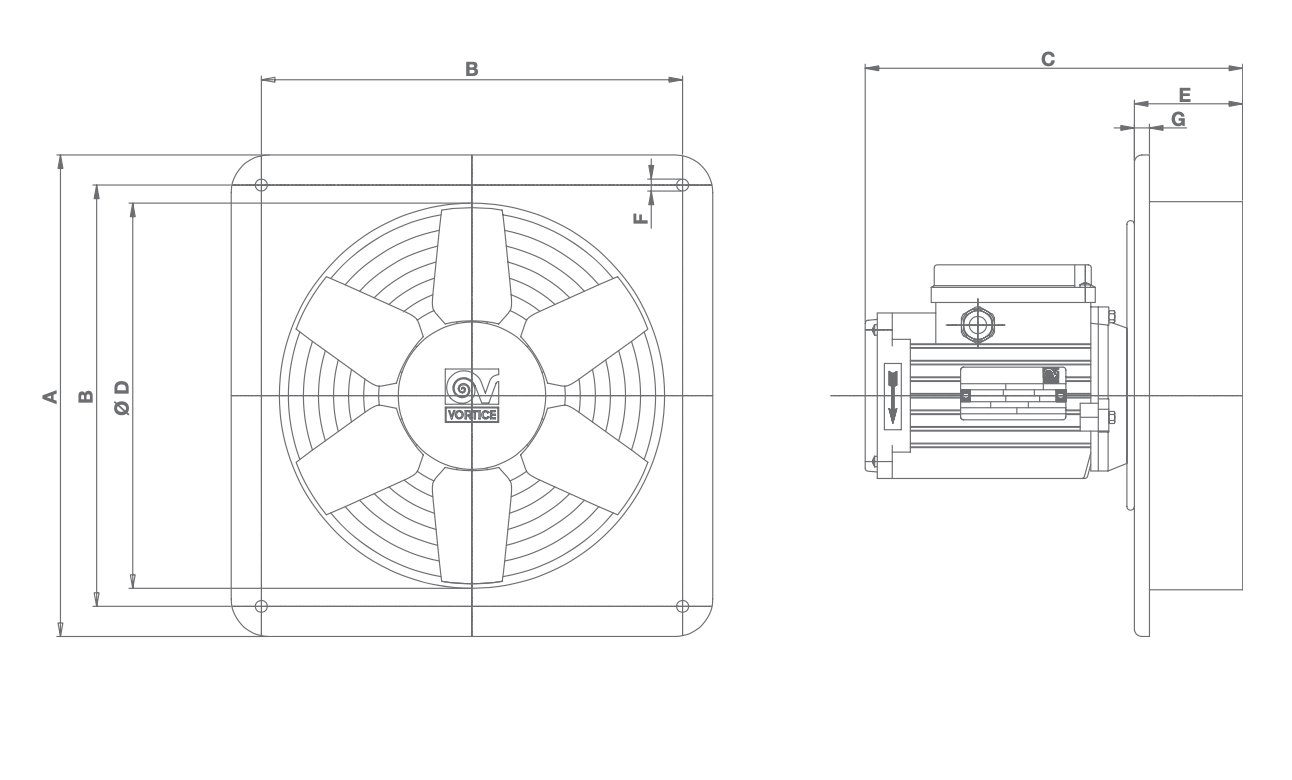 Vorticel E 354 M - 1400RPM Düşük Basınçlı Aksiyel Fan Ölçüler